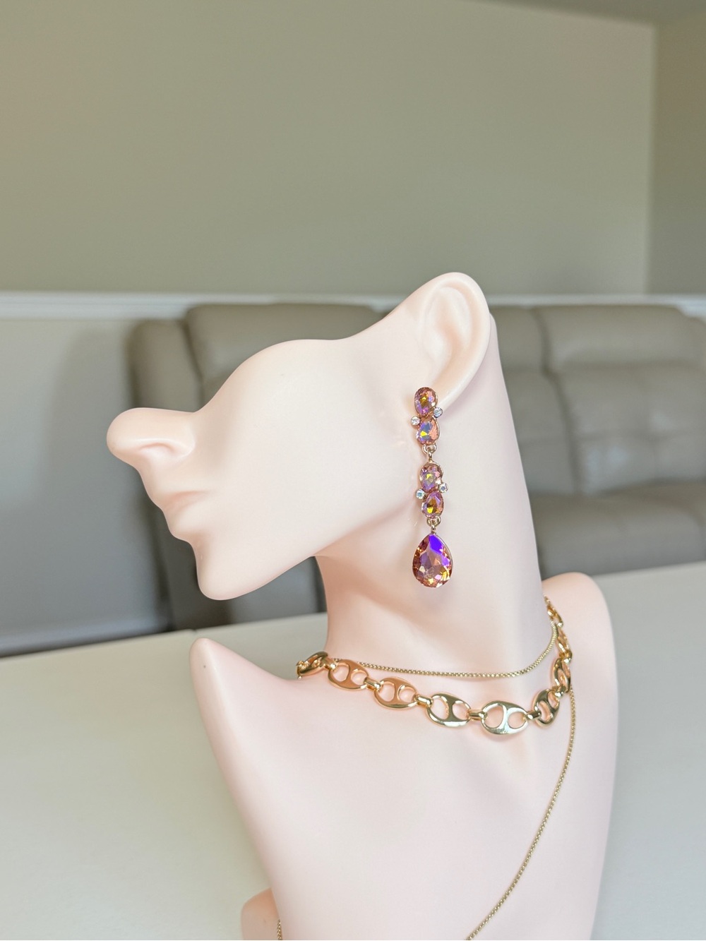 Gold-Tone Pink Crystal Drop Earrings – Elegant Statement - Picture 5 of 12